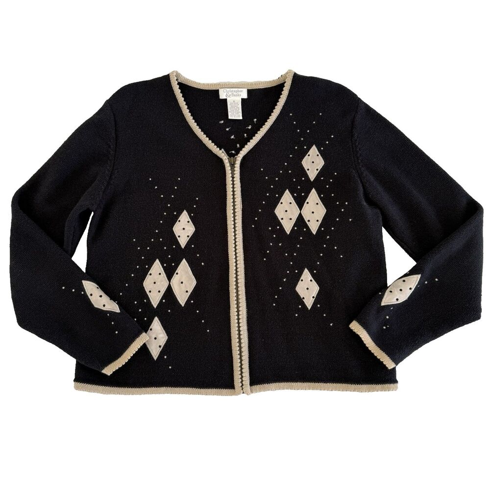 Vtg Y2K Christopher & Banks Cardigan Sweater S Black Argyle Preppy Dark Academic